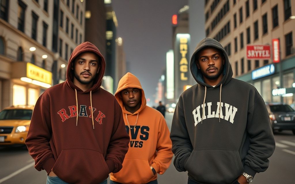 Hip-hop artists in the 1980s with hoodies