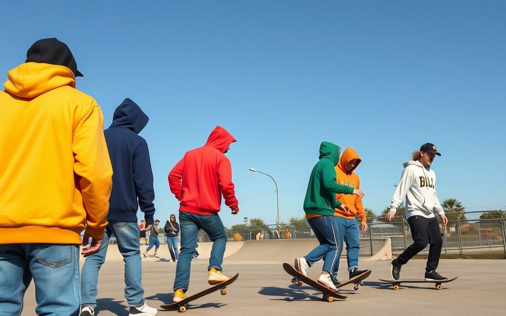 Skateboarders in colorful hoodies